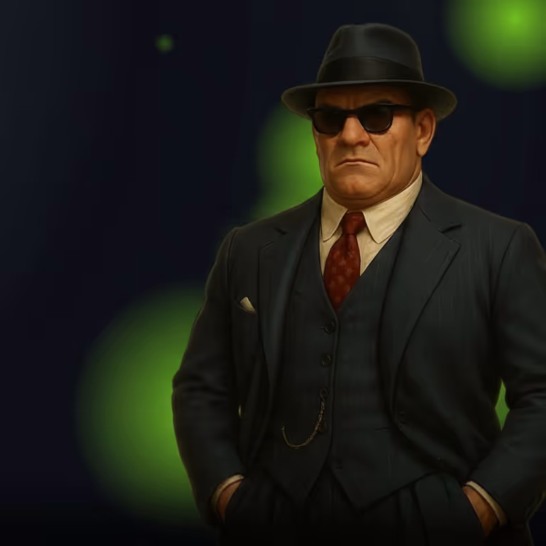 WilderBet mafia-style character in dark suit and sunglasses representing high-stakes online casino gaming.