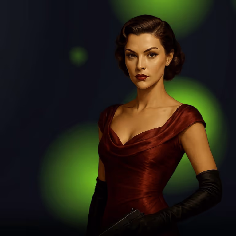 Elegant WilderBet femme-fatale character in red dress symbolizing premium online casino experience.